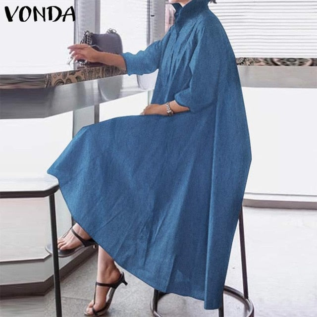 Elegant  Long Lapel Neck w/ Long Sleeve Maxi Shirt  Dress Casual Plus Size