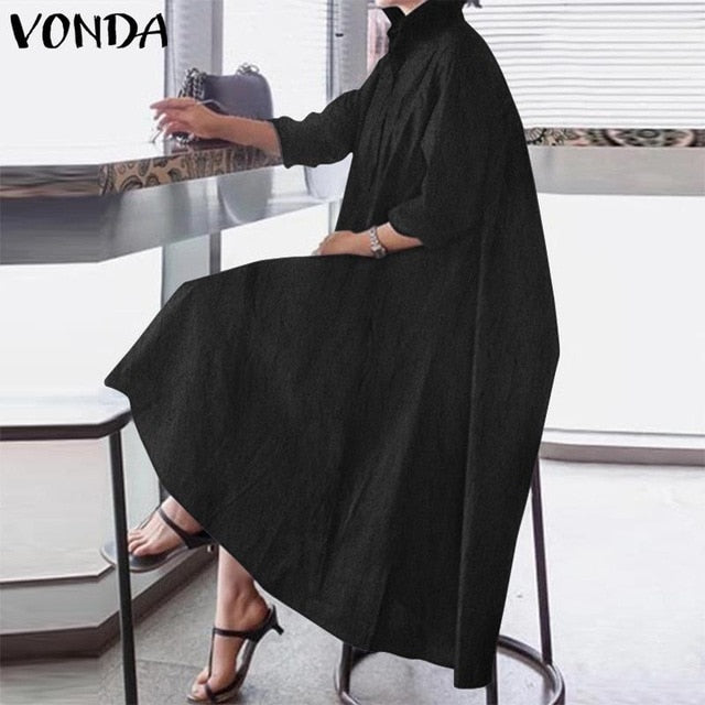 Elegant  Long Lapel Neck w/ Long Sleeve Maxi Shirt  Dress Casual Plus Size