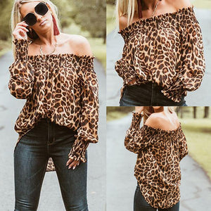 Sexy Leopard Print Long Sleeve Off Shoulder Blouse