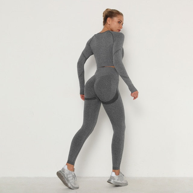 Seamless Women Long Sleeve / High Waist Belly Control Leggings Sport Suit