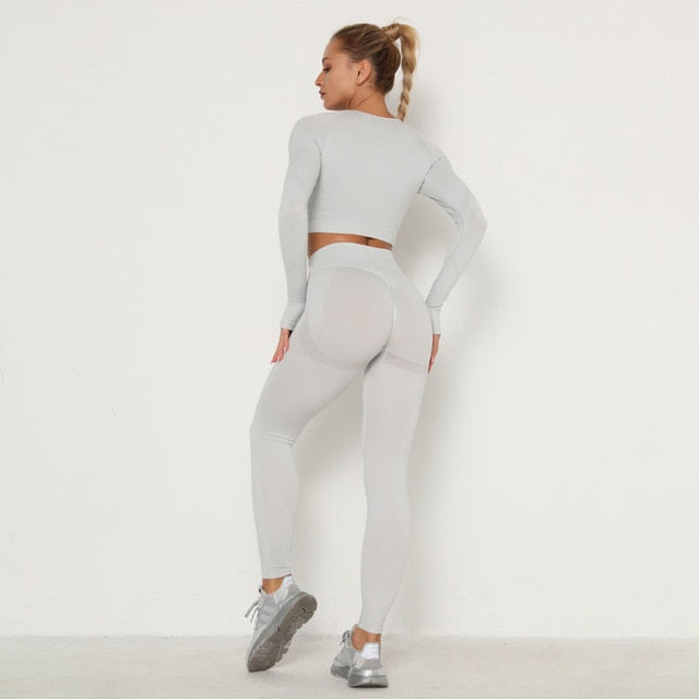 Seamless Women Long Sleeve / High Waist Belly Control Leggings Sport Suit