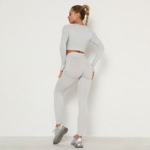 Seamless Women Long Sleeve / High Waist Belly Control Leggings Sport Suit