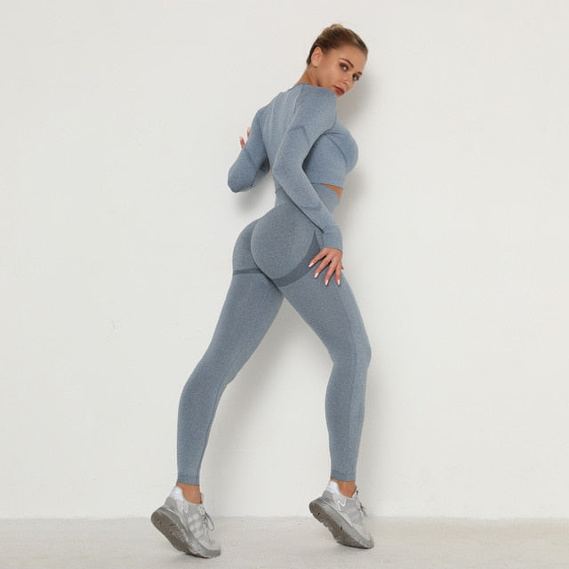 Seamless Women Long Sleeve / High Waist Belly Control Leggings Sport Suit