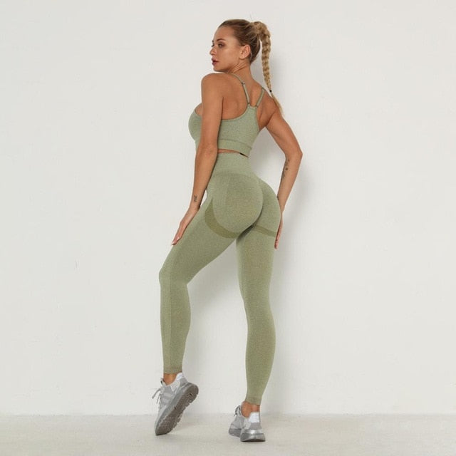 Seamless Women Long Sleeve / High Waist Belly Control Leggings Sport Suit