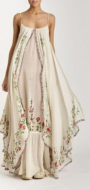 Ordifree 2021 Vintage Flower Print Boho Maxi Beach Dress