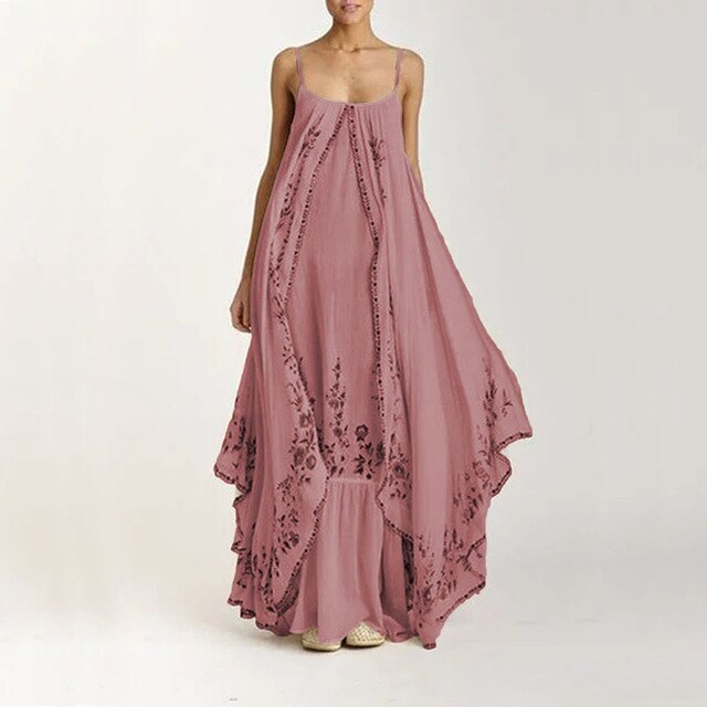 Ordifree 2021 Vintage Flower Print Boho Maxi Beach Dress