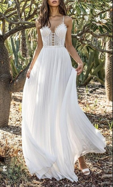 Summer Boho White Lace and Chiffon Floor Length Sexy maxi  Beach Dress