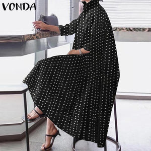 Long Sleeve Vintage Polka Dot Asymmetric Maxi Dresses