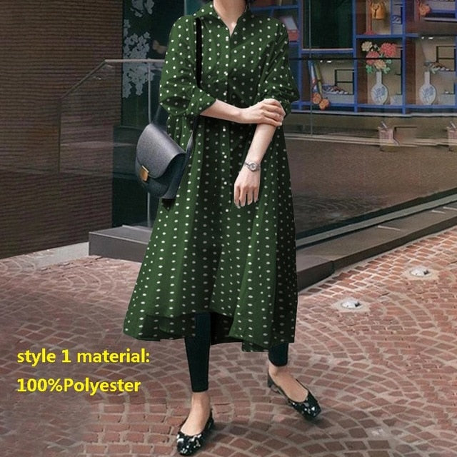 Long Sleeve Vintage Polka Dot Asymmetric Maxi Dresses