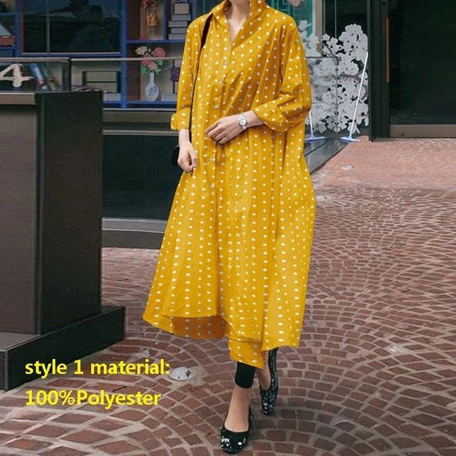 Long Sleeve Vintage Polka Dot Asymmetric Maxi Dresses