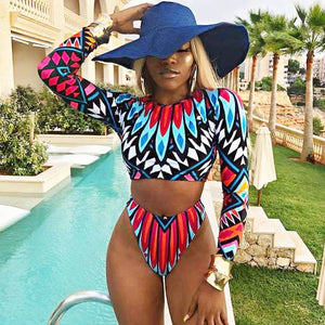 Two Piece Swimsuit Long Sleeves Bikini Set Tribal Print