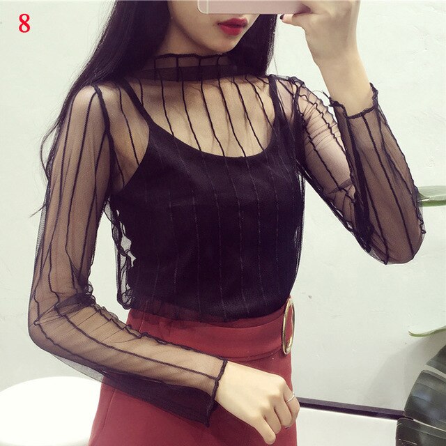 Women Long Sleeve  Sexy Sheer Top