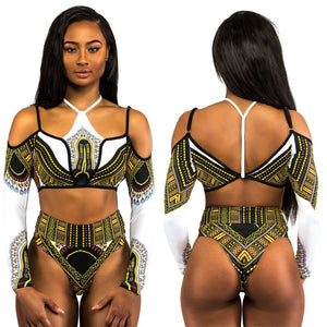 African Tribal Long Sleeves High Waisted Swimsuit