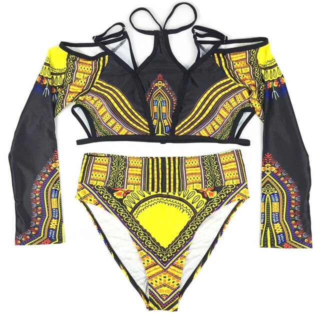 African Tribal Long Sleeves High Waisted Swimsuit