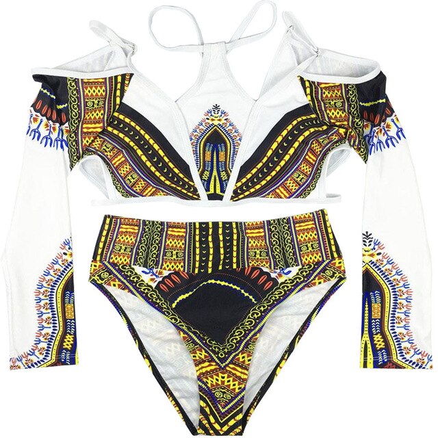 African Tribal Long Sleeves High Waisted Swimsuit