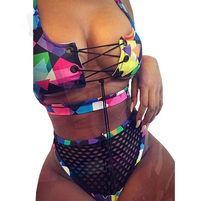 High Waist Print Bandage with Mesh Cross Bikini Set