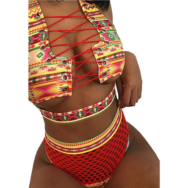 High Waist Print Bandage with Mesh Cross Bikini Set