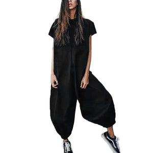 Linen Short Sleeve Casual Loose Wide Leg Jumpsuit