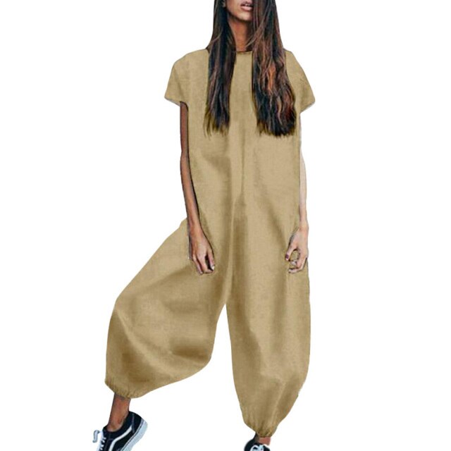 Linen Short Sleeve Casual Loose Wide Leg Jumpsuit