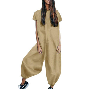 Linen Short Sleeve Casual Loose Wide Leg Jumpsuit