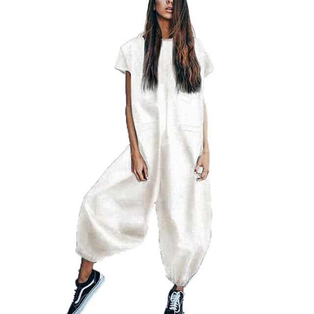 Linen Short Sleeve Casual Loose Wide Leg Jumpsuit