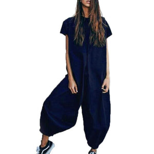 Linen Short Sleeve Casual Loose Wide Leg Jumpsuit