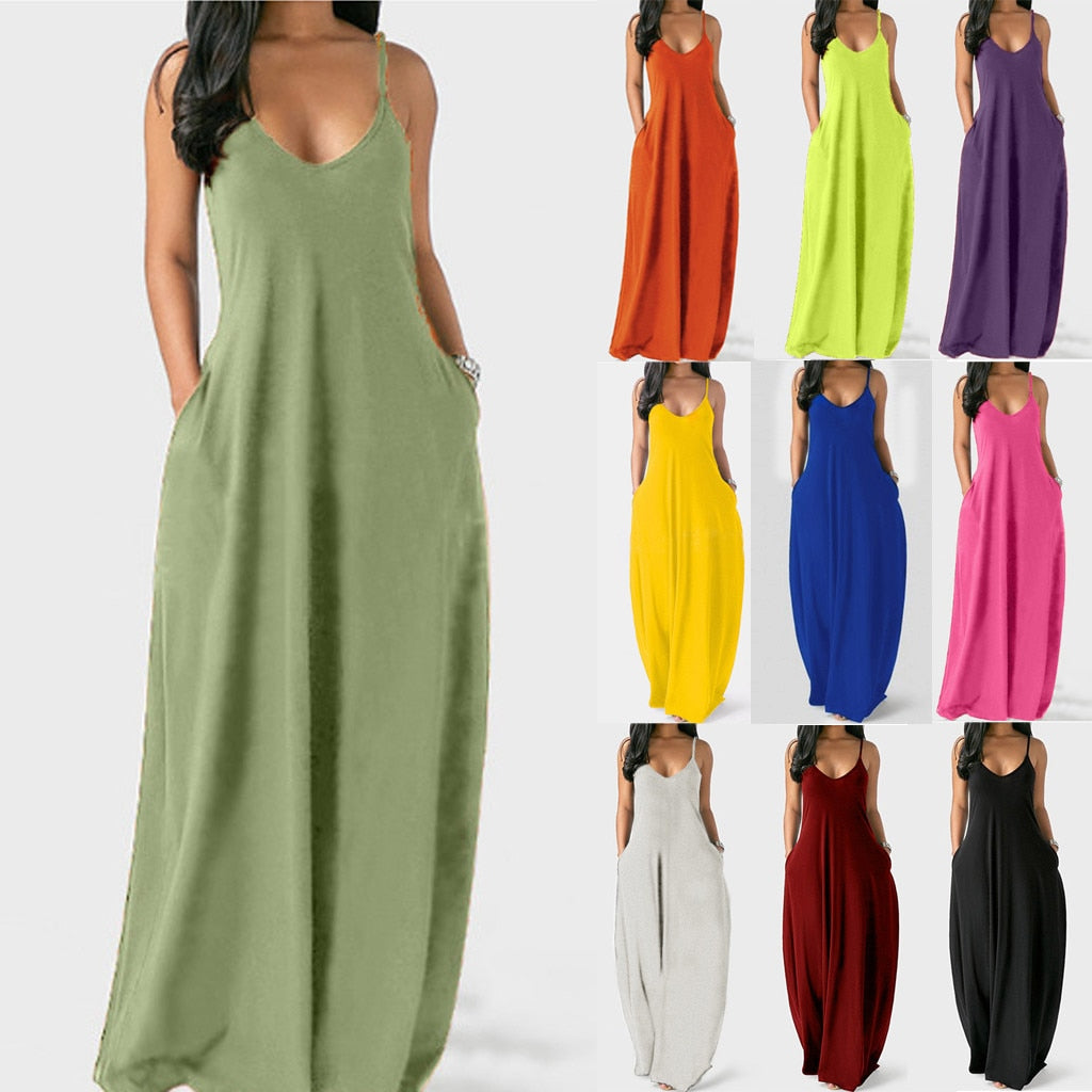 Sexy Spaghetti Straps  Loose Long Solid Maxi  Dress With Pockets Casual Vestidos