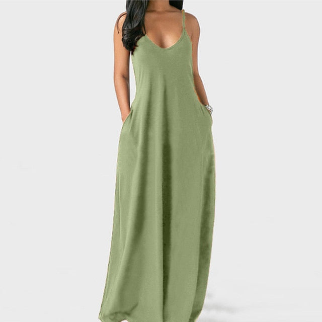 Sexy Spaghetti Straps  Loose Long Solid Maxi  Dress With Pockets Casual Vestidos