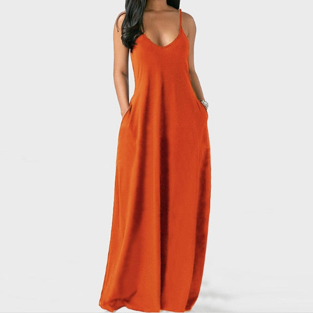 Sexy Spaghetti Straps  Loose Long Solid Maxi  Dress With Pockets Casual Vestidos