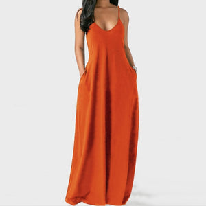 Sexy Spaghetti Straps  Loose Long Solid Maxi  Dress With Pockets Casual Vestidos