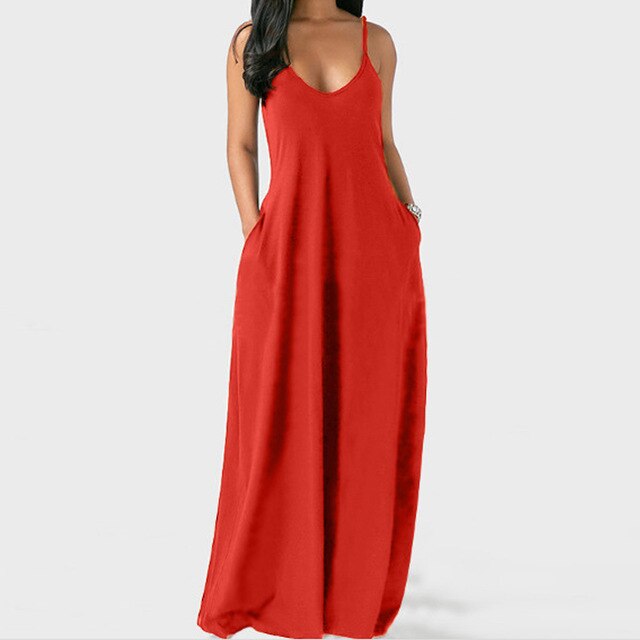 Sexy Spaghetti Straps  Loose Long Solid Maxi  Dress With Pockets Casual Vestidos