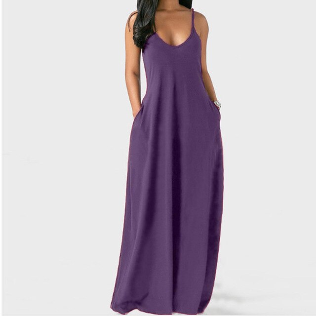 Sexy Spaghetti Straps  Loose Long Solid Maxi  Dress With Pockets Casual Vestidos