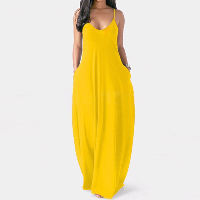 Sexy Spaghetti Straps  Loose Long Solid Maxi  Dress With Pockets Casual Vestidos