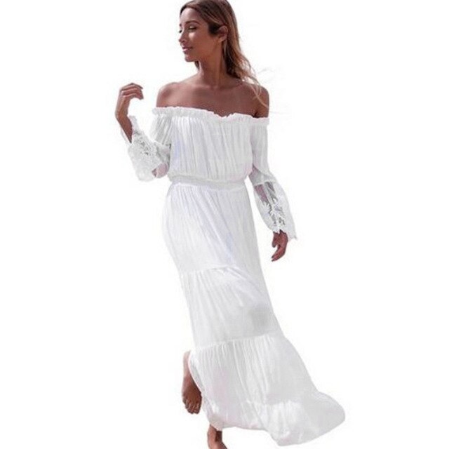 Off Shoulder Boho Long Dress White Elegant Vintage Maxi Dresses