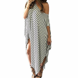 Loose Long Striped Off Shoulder Asymmetric Maxi Dress