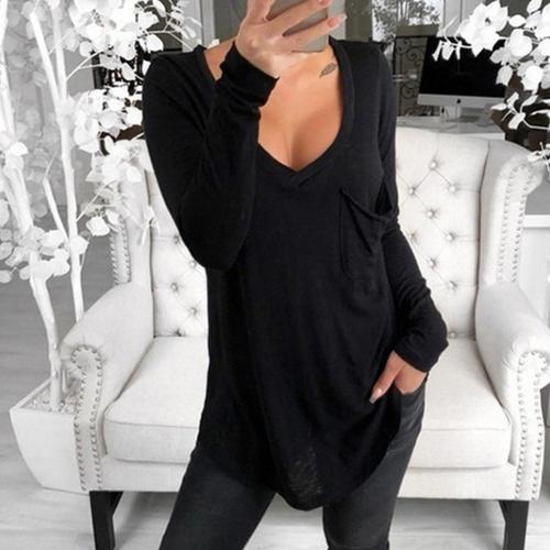 Solid Deep V Long Sleeve Top Front Pocket Loose Tunic shirts