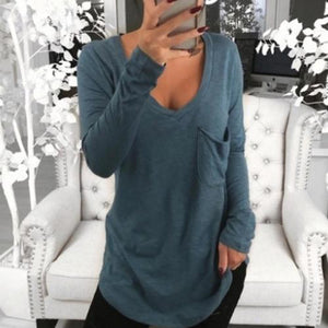 Solid Deep V Long Sleeve Top Front Pocket Loose Tunic shirts