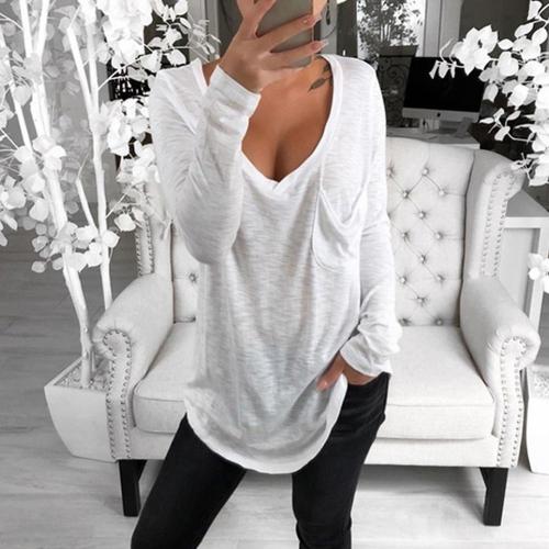 Solid Deep V Long Sleeve Top Front Pocket Loose Tunic shirts