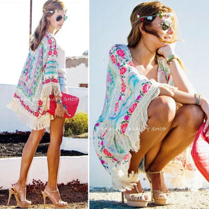 Boho Fringe Floral Kimono Beach Cover-Up