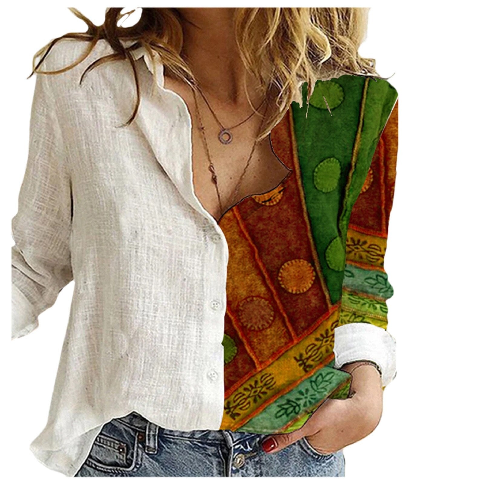 Elegant Print Casual Office Button Shirt Tops