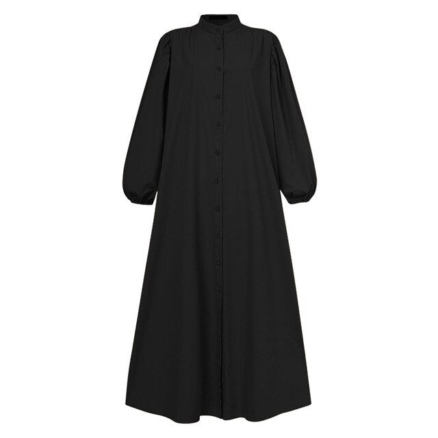 Casual Puff Sleeve Maxi Shirt Dress