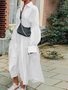 Casual Puff Sleeve Maxi Shirt Dress