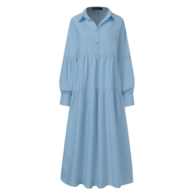 Casual Puff Sleeve Maxi Shirt Dress