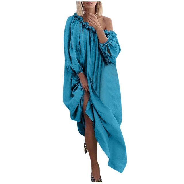 Long Sleeve Plus Size  Solid Color Bohemian  Maxi Dress