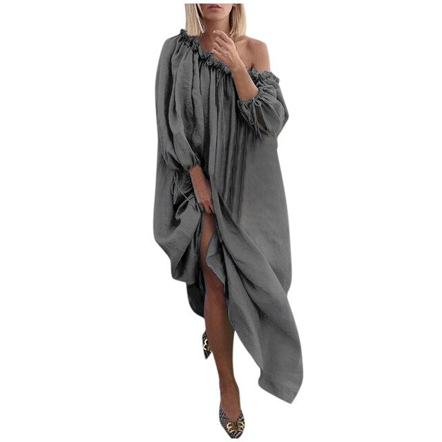 Long Sleeve Plus Size  Solid Color Bohemian  Maxi Dress