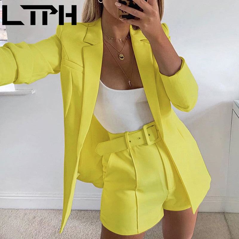 long sleeve cardigan Blazer shorts solid two-piece